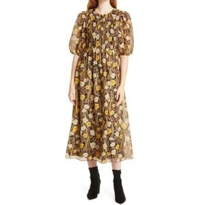 Rebecca Taylor Daphne Fleur Ruched Puff Sleeve Silk Blend Floral Dress Sz XL